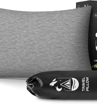 CushyOasis All-in-1 Camping Pillow Set - Shredded Memory Foam Neck Pillow Travel Pillow with Eye Mask, Earplugs, Washable Cover, Compact for Backpacking, Camping, Flights, Car Travel (Small Size)