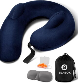Patented Design Inflatable Travel Neck Pillow – Airplane Neck Pillow with 360° Head & Neck Support, Soft Washable Velvet Cover, Compact Neck Support Pillow for Airplane,Train,Car,Office & Home (Blue)